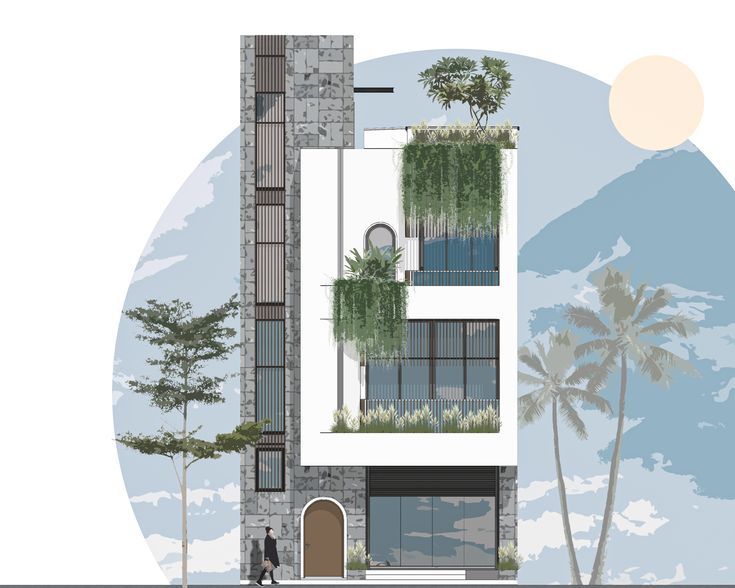 an architectural rendering of a building with plants growing on the side and people walking by