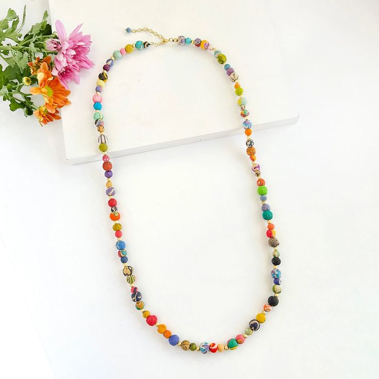 Kantha Sonnet Necklace - Mango + Main Festive Multi-strand Colorful Beads Jewelry, Festive Bohemian Beaded Necklaces With Tiny Beads, Festive Bohemian Beaded Necklace With Tiny Beads, Adjustable Beaded Chain Necklaces For Festive Occasions, Adjustable Beaded Necklaces For Festive Occasions, Multicolor Beaded Chain For Festival, Multicolor Metal Beads Jewelry With Beaded Chain, Multicolor Beaded Chain Necklace With Metal Beads, Multicolor Beaded Metal Chain Jewelry