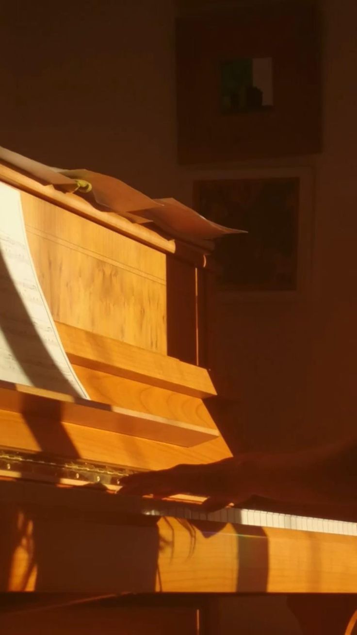 a person is playing the piano with their shadow on the wall behind them and sunlight coming through the window