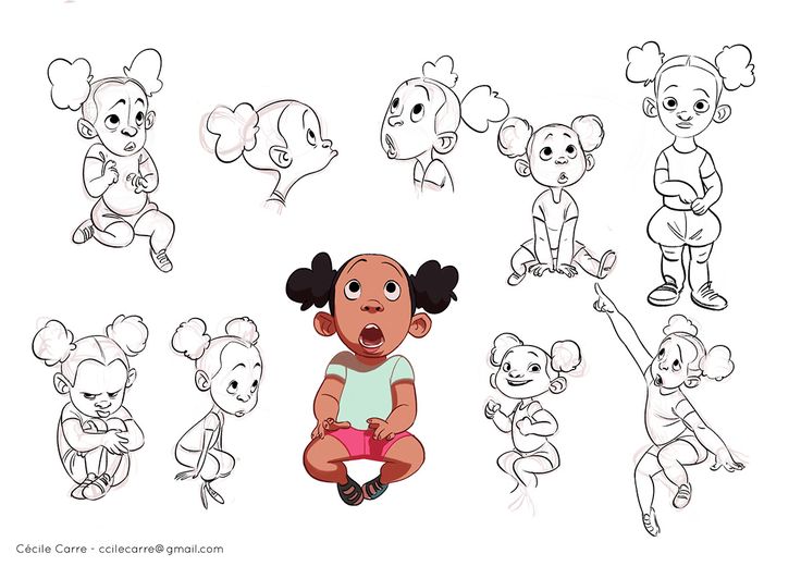 an animation character is shown with various poses and expressions, including the head and shoulders