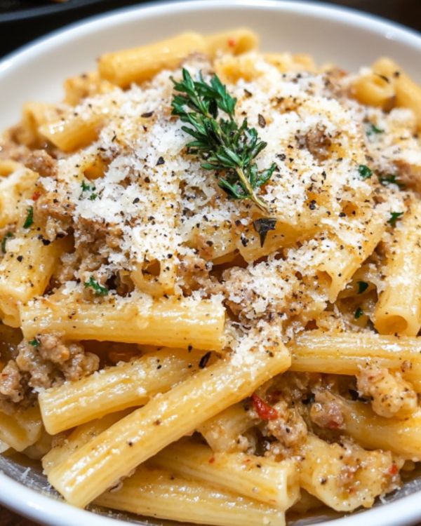 pasta with meat and parmesan cheese in a white bowl on a wooden table