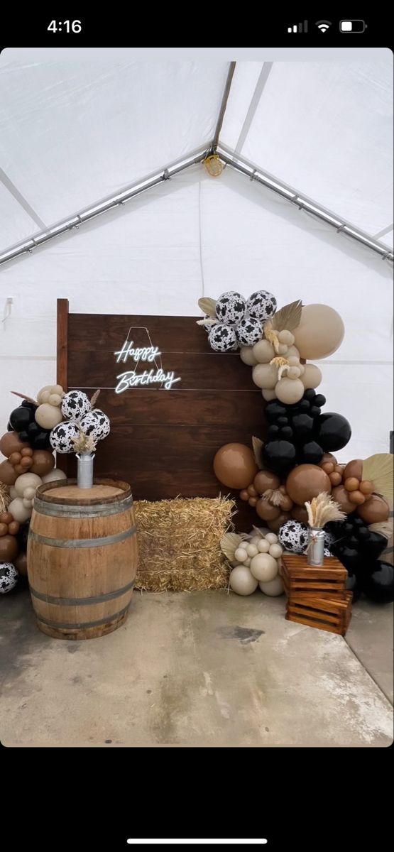 an image of balloons and decorations in the shape of flowers on display under a tent