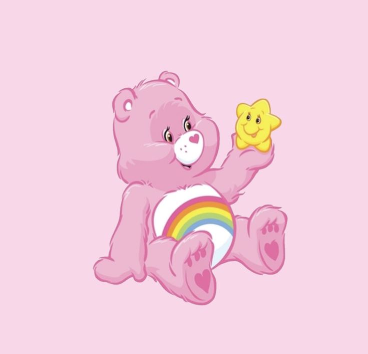 a pink teddy bear holding a rainbow star