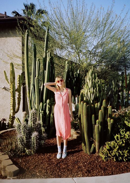 a woman in a pink dress standing next to some cactus plants and trees with her hand on her head