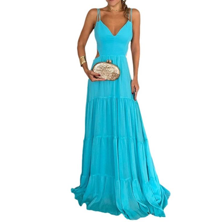 Feel like you're at the beach when you're in this back strap turquoise dress. Adorned with subtle styling details, this dress is perfect for beach days with friends, outdoor dinner parties, or warm summer picnics. Its delicate construction will make you feel light and graceful, while its sophisticated hue exudes genteelness and elegance. Summer Strappy Maxi Dress For Brunch, Blue Sundress With Straps, Sling Dresses For Beach Season, Summer Beach Sundress With Sling Shape, Blue Strapped Summer Dress, Summer Beach Sling Sundress, Summer Sling Sundress For Beach, Summer Strappy Maxi Dress With Adjustable Straps, Blue Summer Dress With Straps