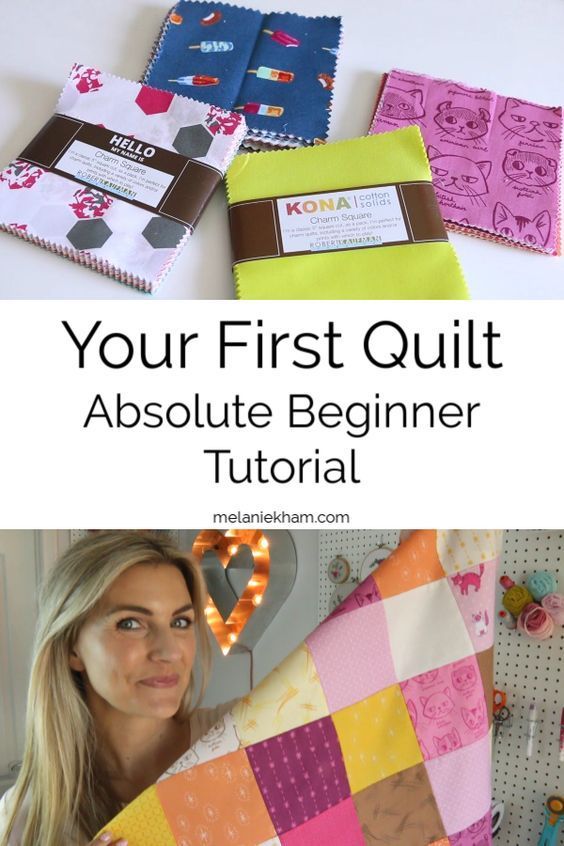 a woman holding up a quilt with the words, your first quilt absolute beginner