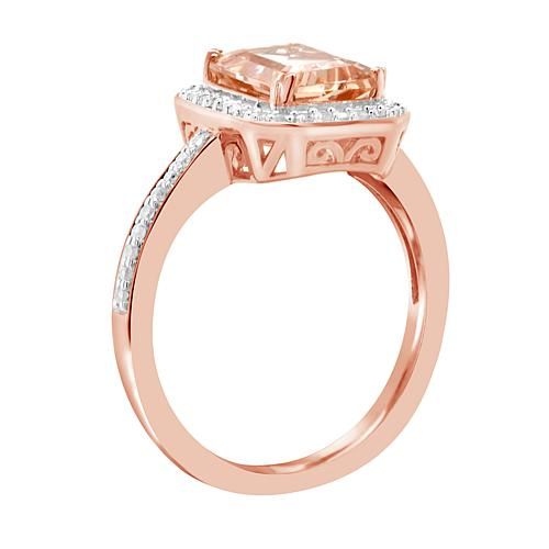 14K Rose Gold-Plated Emerald-Cut Morganite and Diamond Ring Decadent diamonds create glittering pathways to the stunning, 2-carat emerald-cut morganite that is the sparkling centerpiece of this spectacular ring.       Approx. 1/2"L x 3/8"W x 1"H; shank 1/16"W     14K rose gold-plated sterling silver     Emerald-cut morganite center stone framed in round-cut white diamonds   Stone Information       All sizes and weights approximate     Total Carat Weight: 2.34ct     Morganite - Emerald-cut; 2.08c Emerald Cut Rose Gold Jewelry With Halo Design, Emerald Cut Rose Gold Halo Jewelry, Fine Jewelry Rose Gold Halo Ring For Formal Occasions, Fine Jewelry Rose Gold Halo Ring For Formal Events, Formal Rose Gold Halo Ring In Fine Jewelry Style, Formal Fine Jewelry Rose Gold Halo Ring, Rose Gold Halo Ring For Formal Occasions, Gold Morganite Diamond Ring With Halo Setting, Rose Gold Baguette Cut Diamond Jewelry