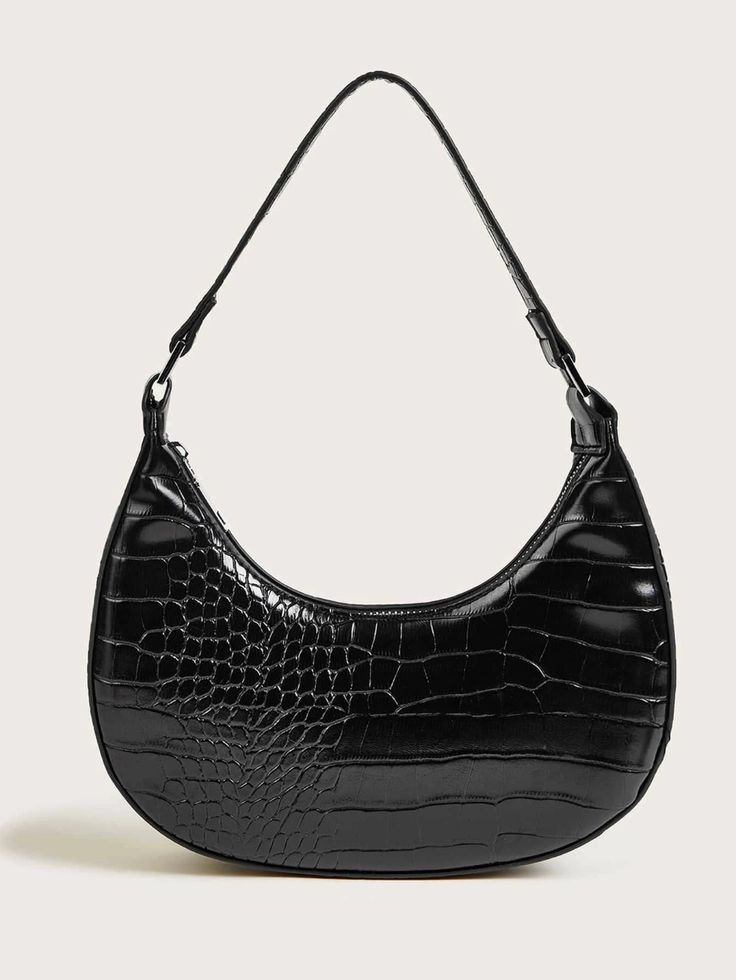 Croc Embossed Tote Bag | SHEIN USA Purse Aesthetic, Tote Bag Size, Black Plain, Fancy Bags, Stylish Handbags, Tote Bag Black, Vegan Bags, Bags Aesthetic, Baguette Bag