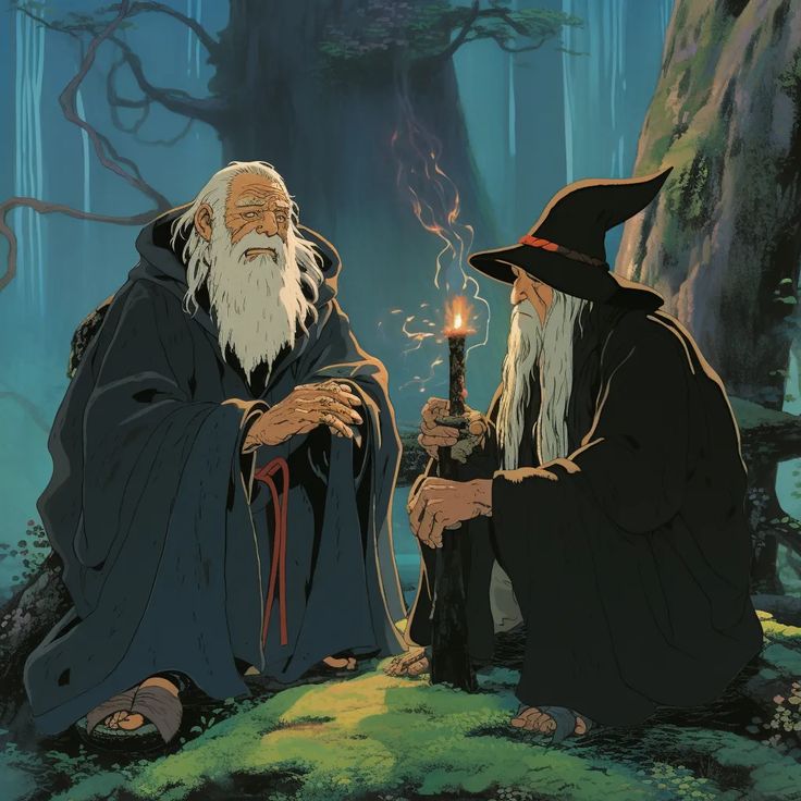 two old men sitting on the ground with a candle in their hands