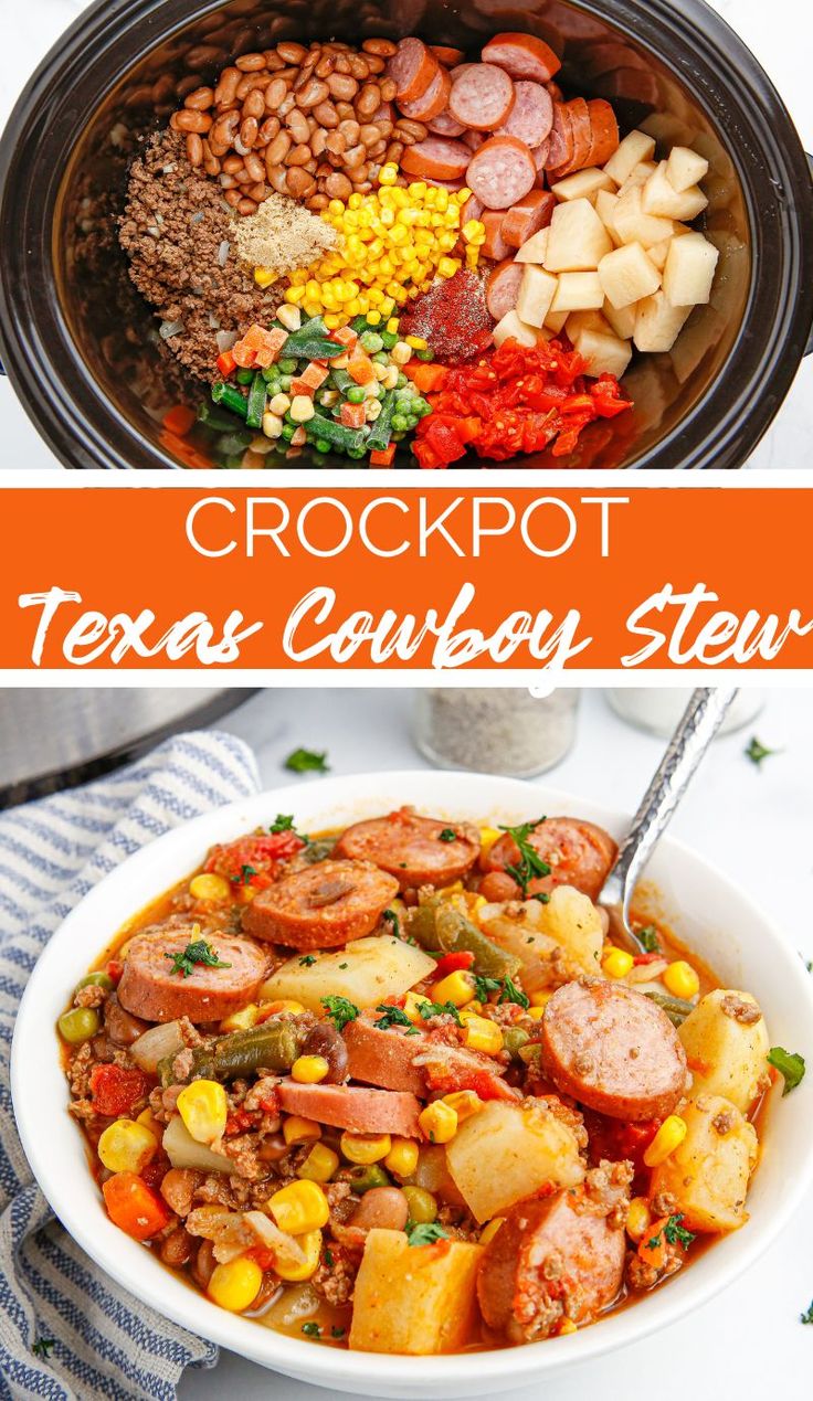 crockpot texas cowboy stew with corn, potatoes and sausage in a white bowl