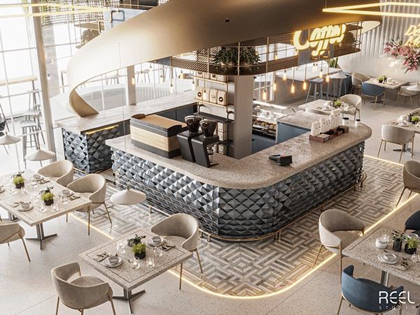 the interior of a restaurant with tables, chairs and an open air staircase above it