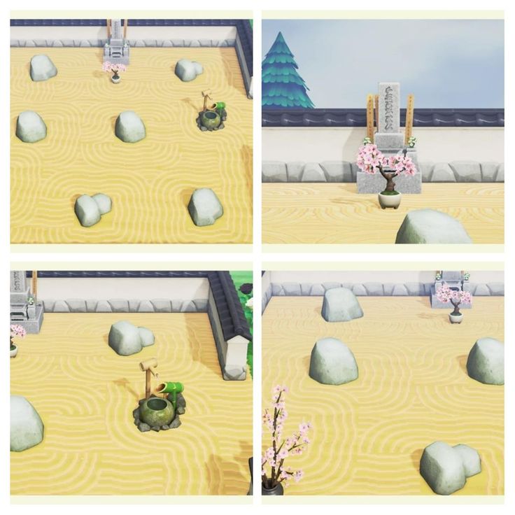 four different views of an outdoor area with rocks and flowers