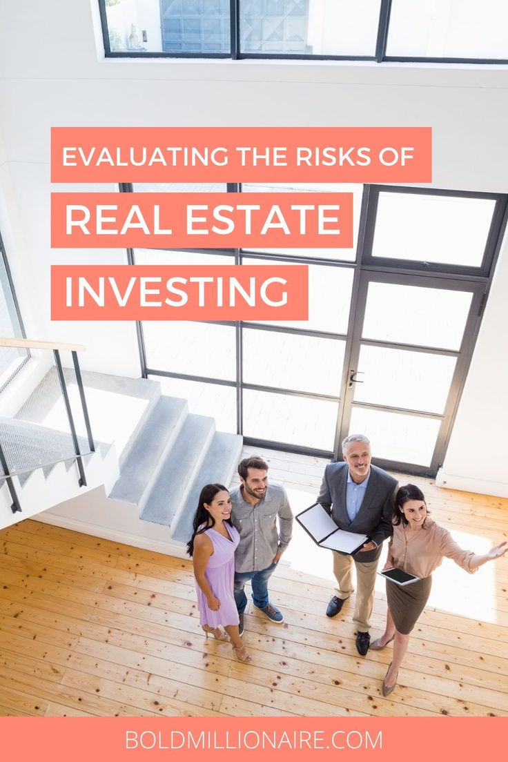 three people standing in front of stairs with text overlay that reads, evaluating the risk of real estate investing