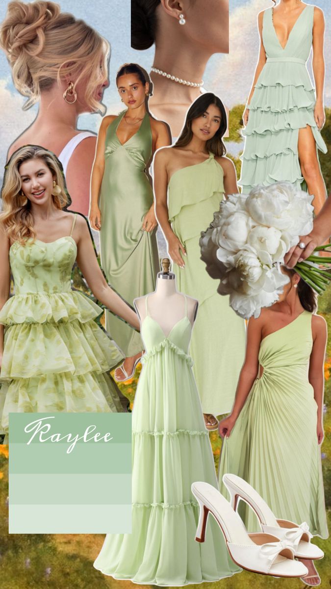 the bridesmaids are dressed in pastel green dresses and high - heeled shoes