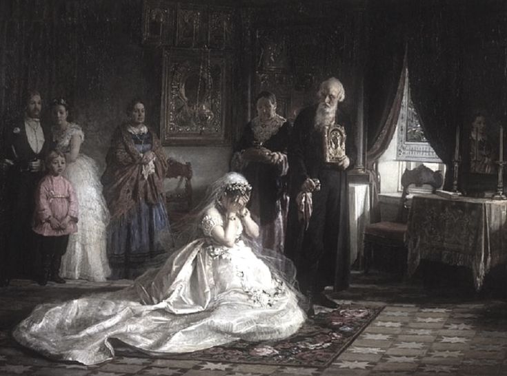 an old painting of a bride and groom surrounded by other people