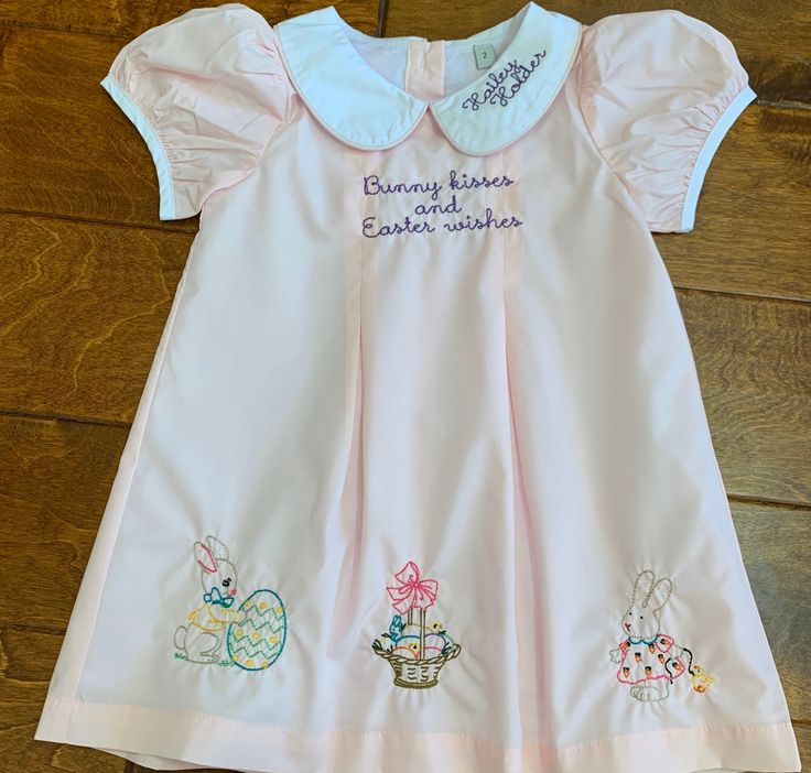 This pleat dress is light pink and prefect for a Easter. Three pleats on this dress. Each with a different design. Plus the wording on the top-Bunny kisses and Easter wishes. I can add your child's name to the collar for 5.00 if you want also. You can change the wording on the top too if you want. Just let me know. Little Bunny Foo Foo, Foo Foo, Pleat Dress, Easter Wishes, Kid Names, Pleated Dress, Easter Bunny, Light Pink, Girls Dresses