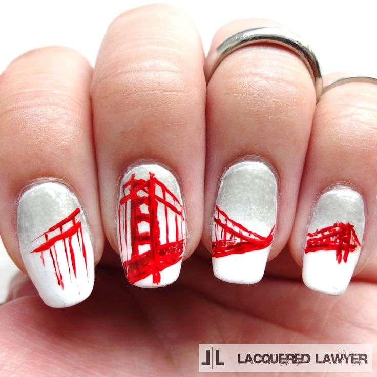 Lacquered Lawyer | Nail Art Blog: Golden Gate Bridge 49ers Nails, Foggy Background, Girls Nail Designs, Usa Nails, Crazy Nail Art, White Gradient, Golden Nails, Bridal Nail Art, Nail Art Images