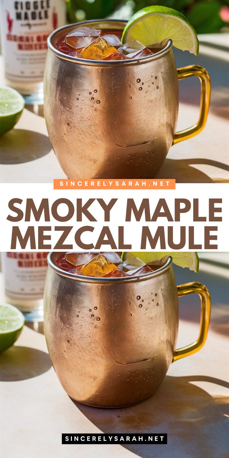 two mugs filled with smoky maple mulled and garnished with lime slices