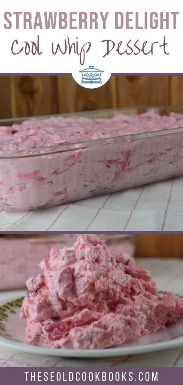 strawberry delight cool whip dessert recipe on a white plate with pink icing and text overlay