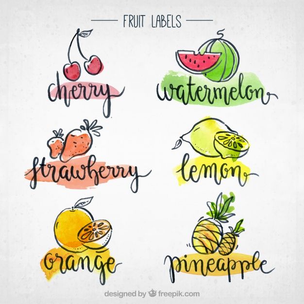 fruit labels with watermelon, lemon, pineapple and grapefruits