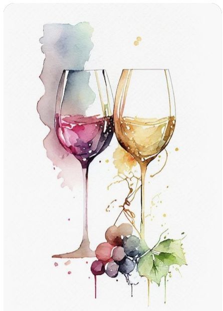 two glasses of wine with some grapes on the side and watercolor splashes all around them