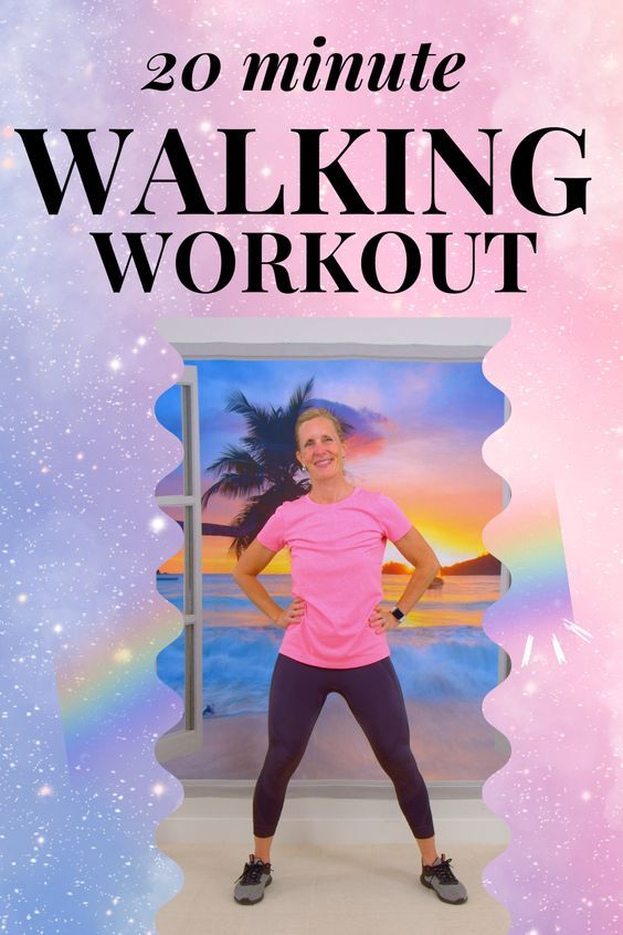 a woman standing in front of a window with the words 20 minute walking workout on it