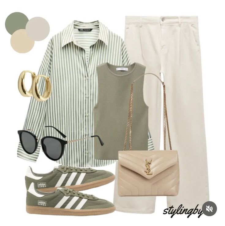 Green Outfit Combination, Green Striped Shirt Outfit, Khaki Green Outfit, Striped Shirt Outfit, Green Shirt Outfits, Mesh Top Outfit, Stripe Pants Outfit, Green Striped Shirt, Shirt Outfit Ideas