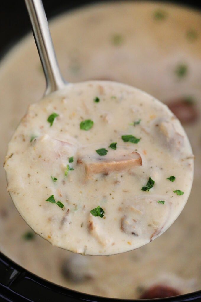 a spoon full of soup with meat and vegetables