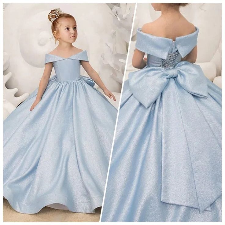 Make every moment magical with our Off Shoulder Long Flower Girl Dress! Designed for elegance and enchantment, this princess satin ball gown is perfect for your little one's special occasions, from birthday parties to her first communion. This exquisite dress features a charming off-shoulder design adorned with a graceful bow, giving it a timeless look that's both elegant and playful. Crafted from premium satin, the dress flows beautifully into a full ball gown silhouette, making every twirl mem Gown For Kids, Kids Frock, Flower Girl Dresses Blue, Long Flower Girl Dresses, Holy Communion Dresses, Satin Ball Gown, Quince Dress, Fashion Vibes, Baby Frock