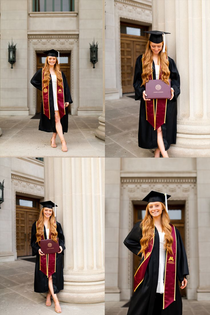 four photos of a woman in graduation gown and cap holding a diploma, standing on the steps of a building