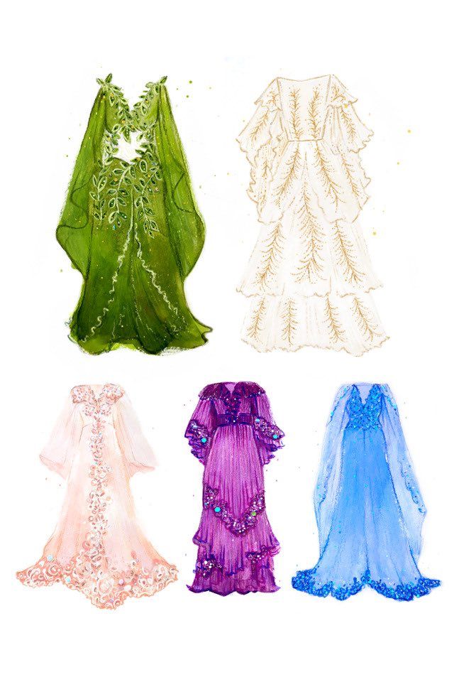 four dresses are shown in three different colors