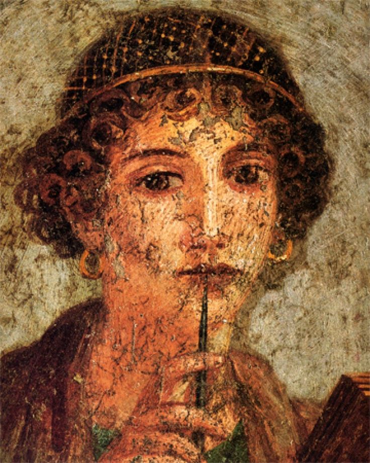 an ancient painting of a woman holding a pipe