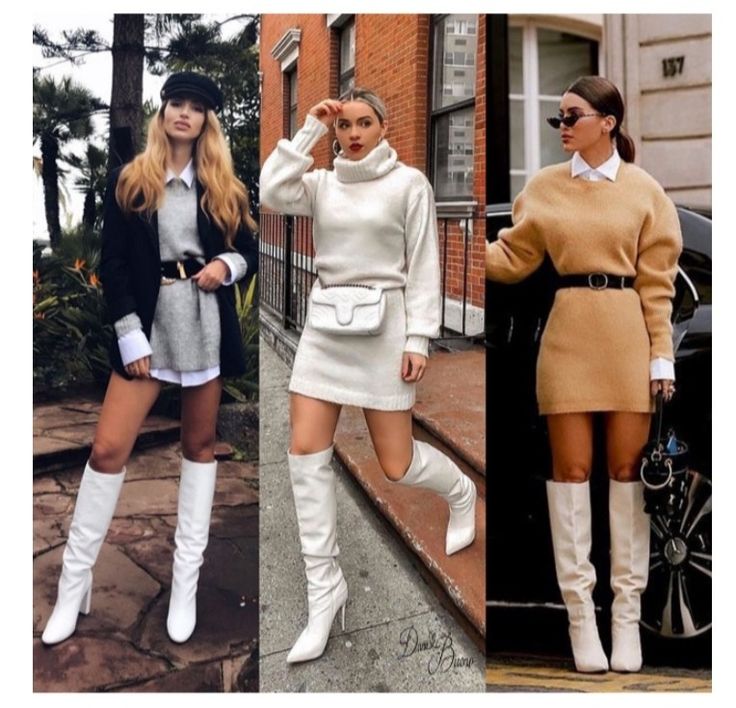 White Knee High Boots Outfit, Long Boots Outfit, Leather Boots Outfit, White Boots Outfit, Outfit Botas, White Leather Boots, Winter Boots Outfits, White Boots, Looks Chic