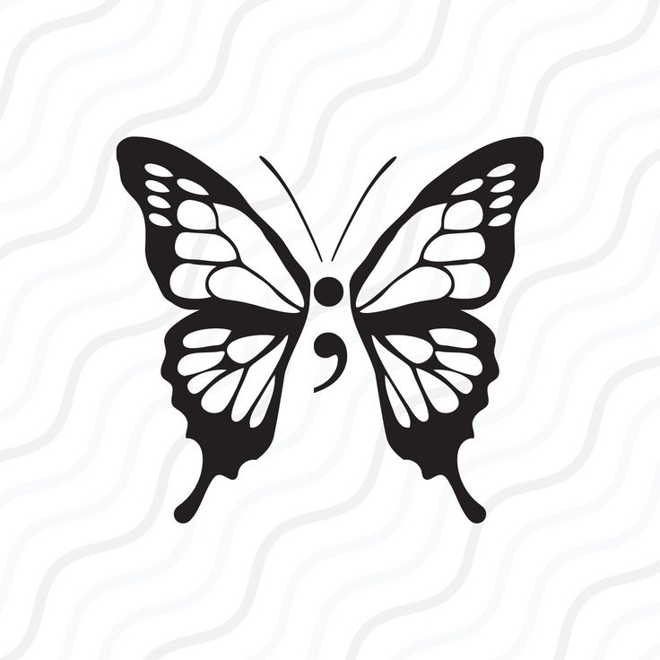 a black and white butterfly silhouette on a white background with wavy lines in the background