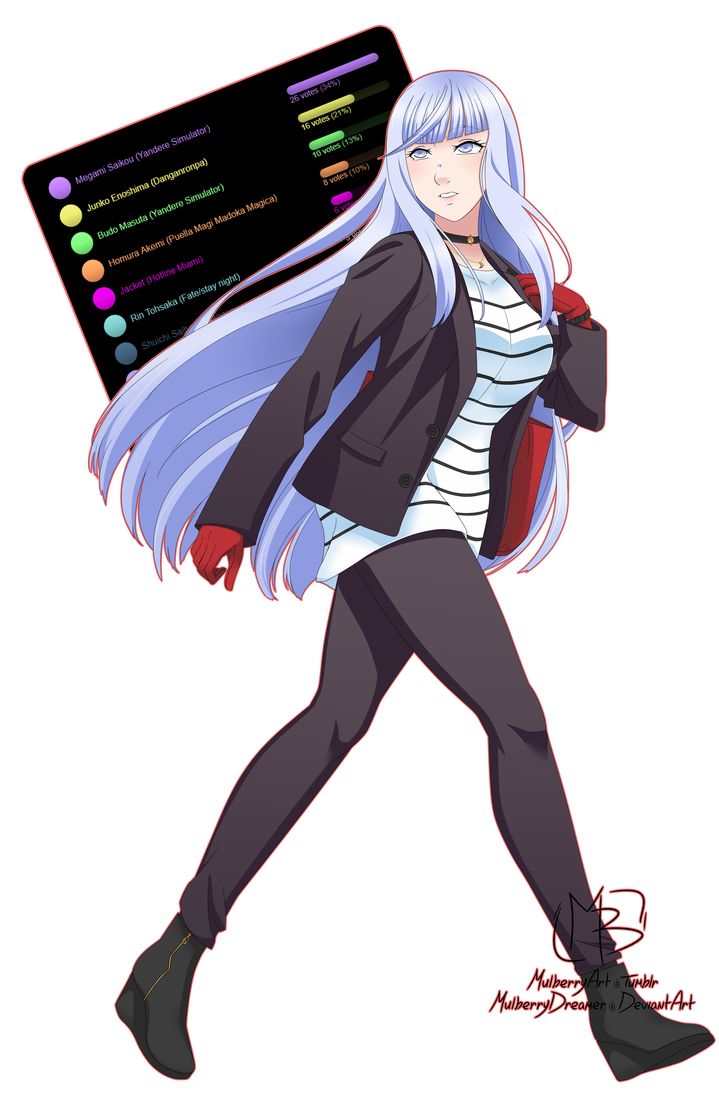 an anime character with long white hair carrying a large piece of information on her back