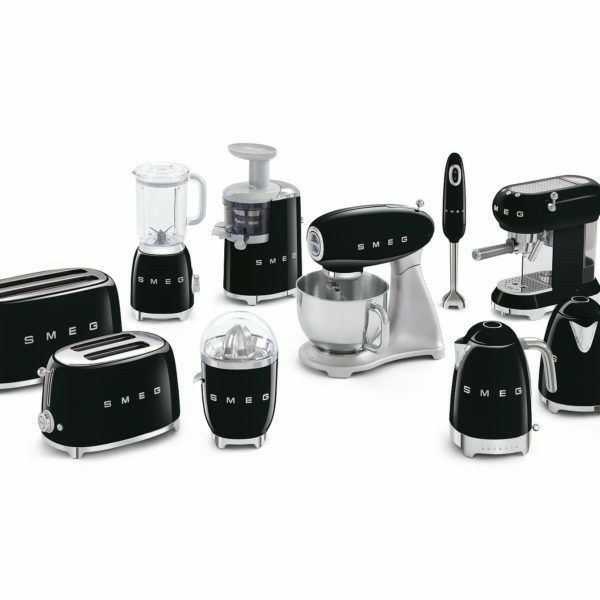 an assortment of black and white kitchen appliances