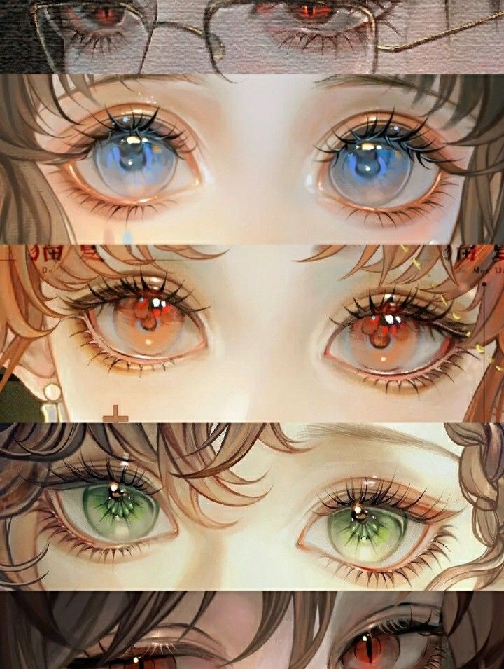 four different colored eyes are shown in this drawing style, and each one has their own image