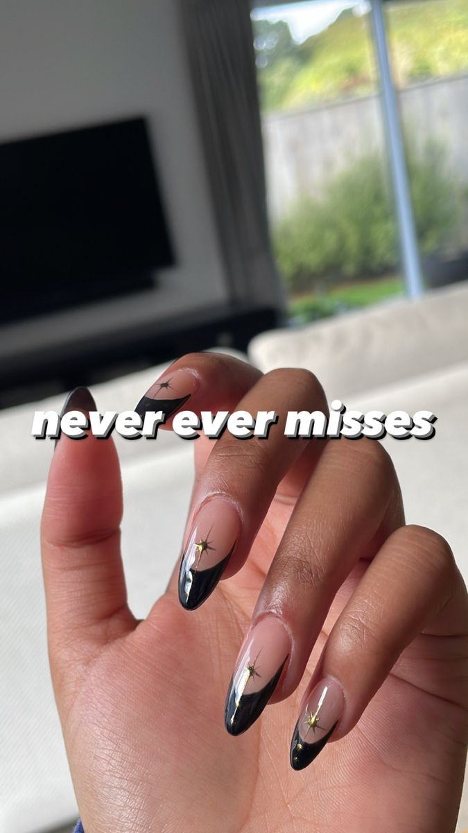 Mail Inspo Almond Black, Black Gel X Nails Almond, Black Almond Nails With Stars, Nail Design With Moon, Prom Nails Black Almond, French Tip Moon Nails, Clear With Black Design Nails, Black Prom Nails Acrylic Almond, Celestial Black Nails