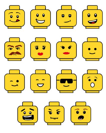 a bunch of yellow lego blocks with different faces