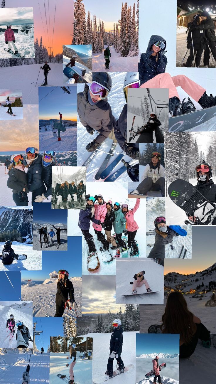 a collage of people riding skis and snowboards