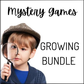 a young boy looking through a magnifying glass with the text mystery games growing bundle