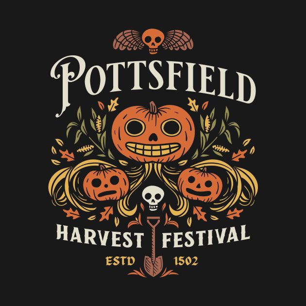 the logo for pottsfield harvest festival, with pumpkins and skulls on it