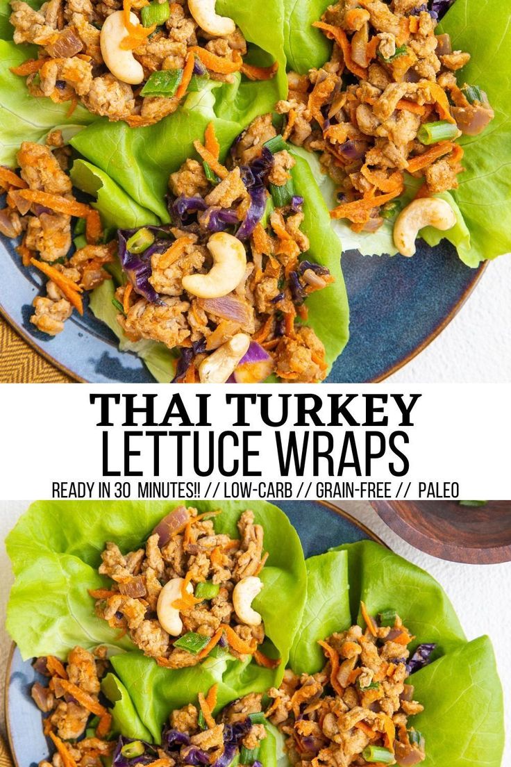 lettuce wraps filled with meat and vegetables on top of each other in blue plates