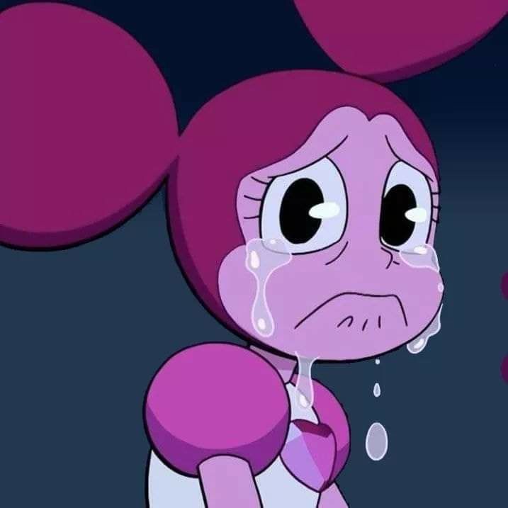 a cartoon character crying in front of some balloons