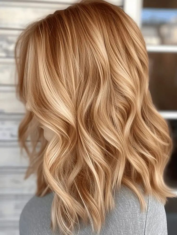 Honey Wheat Hair Color, Medium Hair With Lots Of Layers, Medium Strawberry Blonde Hair, Spring Red Hair Color, Cherry Blonde, Red And Blonde, Dark Strawberry Blonde, Copper Blonde Hair, Light Strawberry Blonde