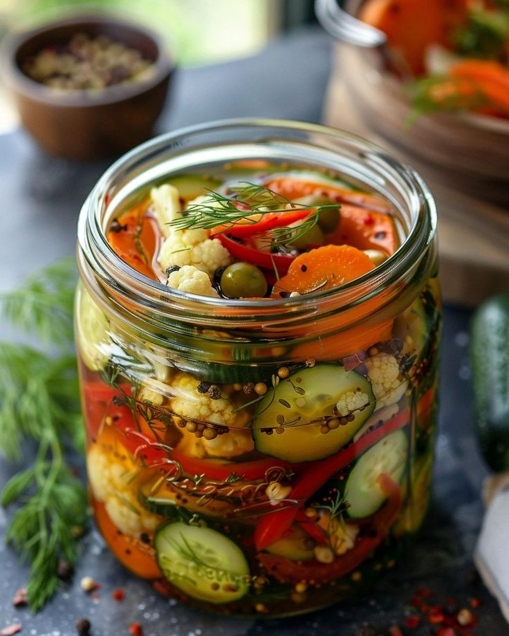 a glass jar filled with lots of different types of vegetables on top of a table