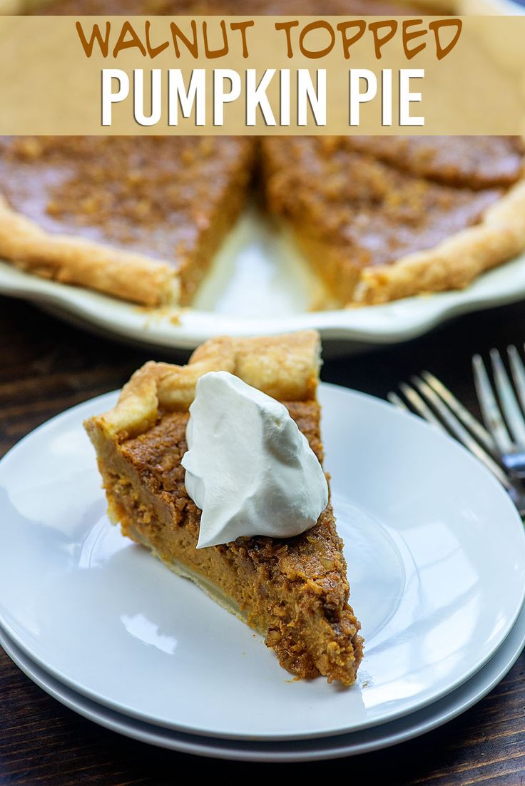 a slice of pumpkin pie with whipped cream on top and the rest of the pie in the background