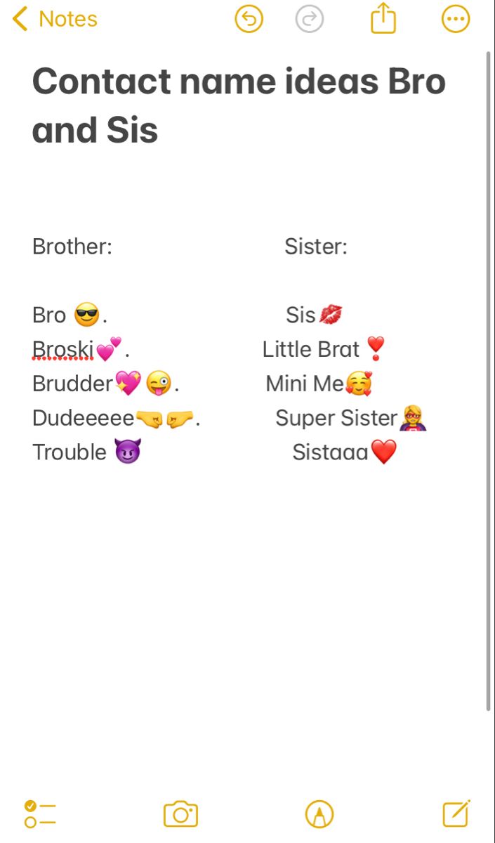 an iphone screen with the text contact name ideas bro and sister, sister, brother, sister