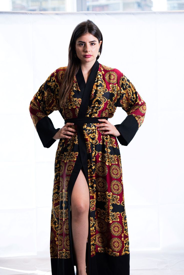 black red gold satin robe Goth Pajamas, Gold Kimono, Elegant Kimono, Chic Dressing, Bridal Kimono, Luxury Robes, Kimono Maxi Dress, Plus Size Kimono, Maternity Tunic