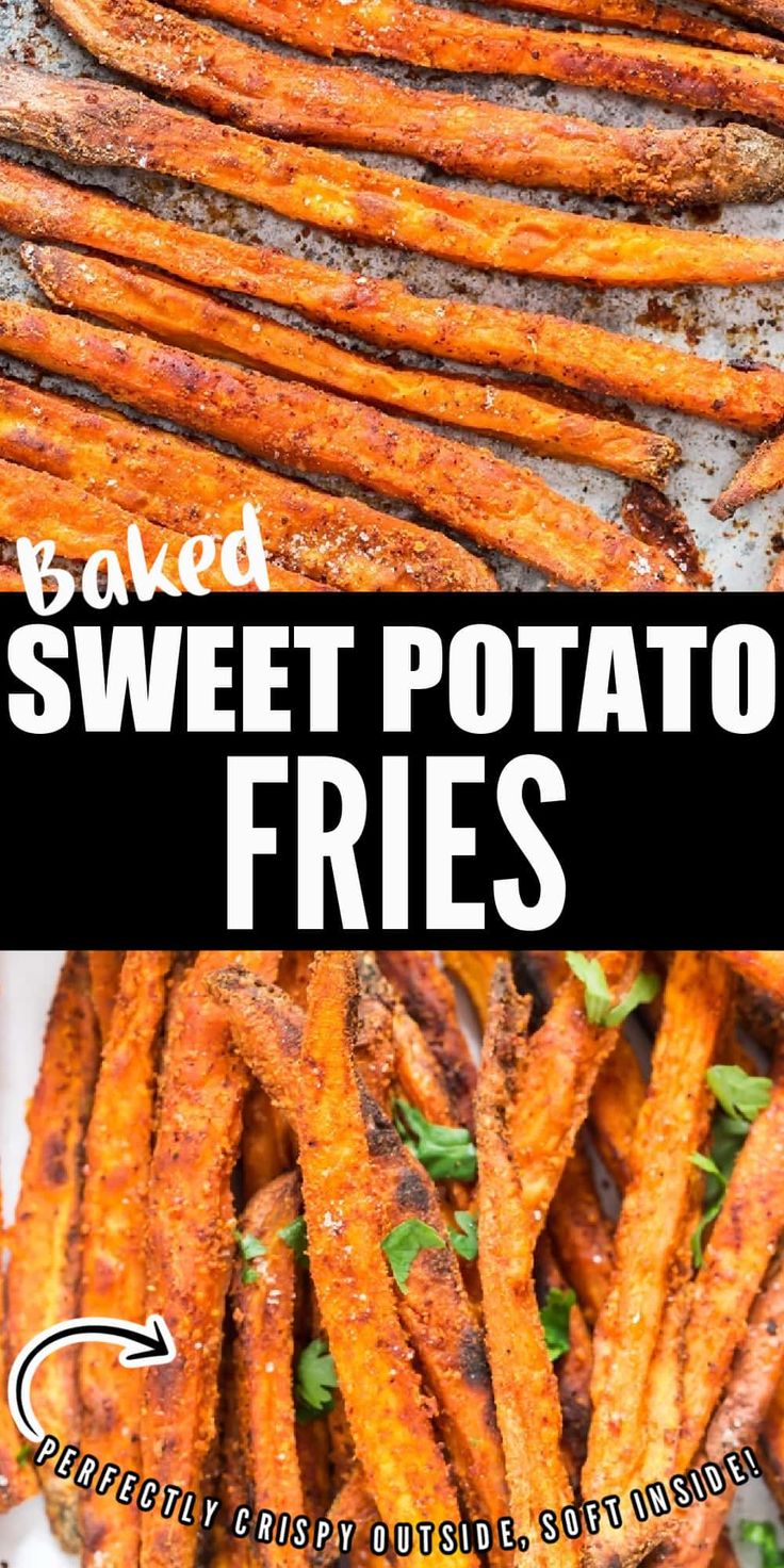 baked sweet potato fries on a white plate with the title text overlay reads, roasted sweet potato fries